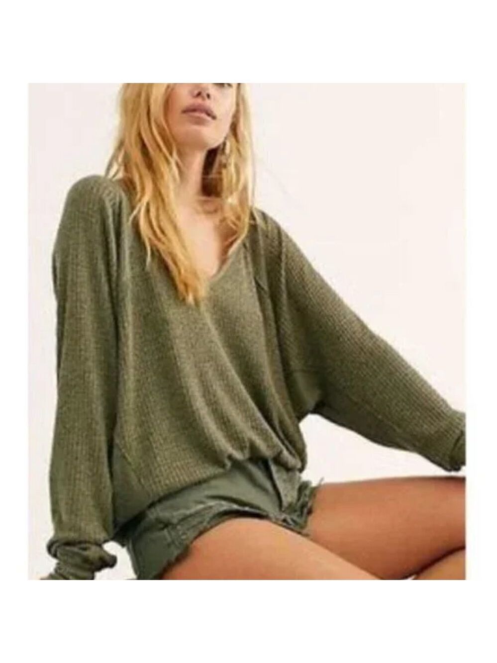Free People Santa Clara Green V-Neck Thermal Dolman Sleeves Gorpcore Top